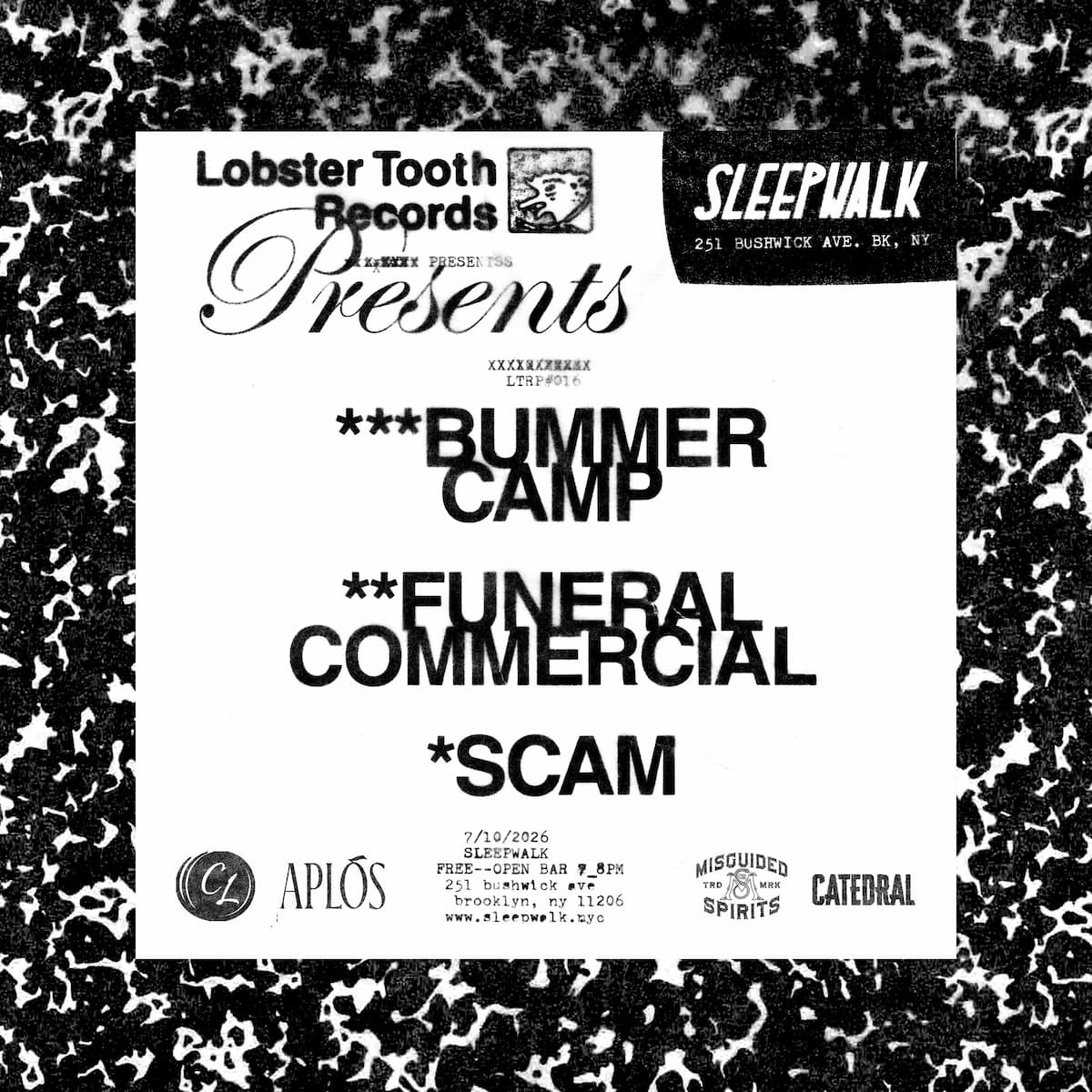 Lobster Tooth Records Presents: Bummer Camp, Funeral Commercial, Scam